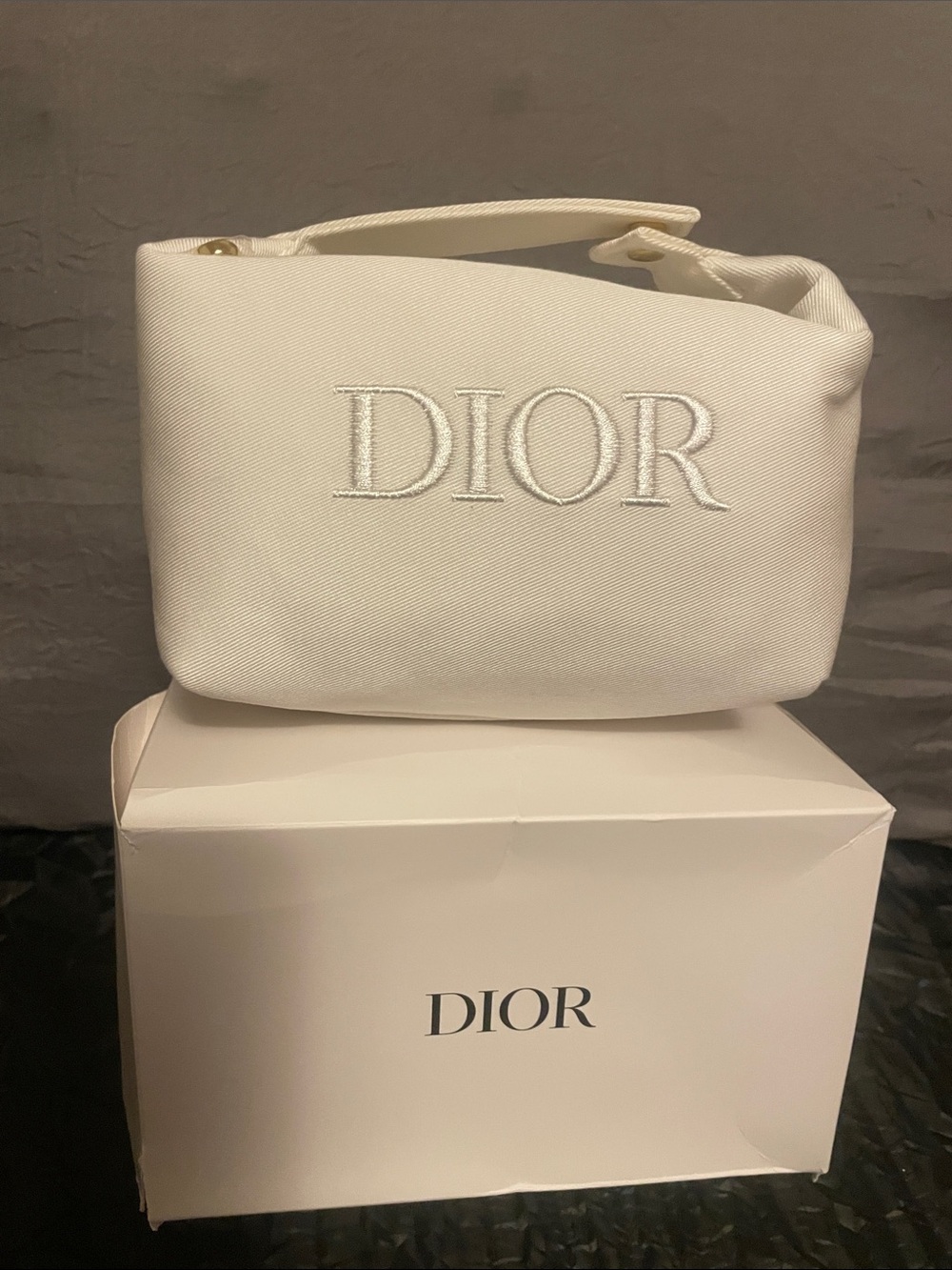 Dior White Embroidered Logo Cosmetic Pouch